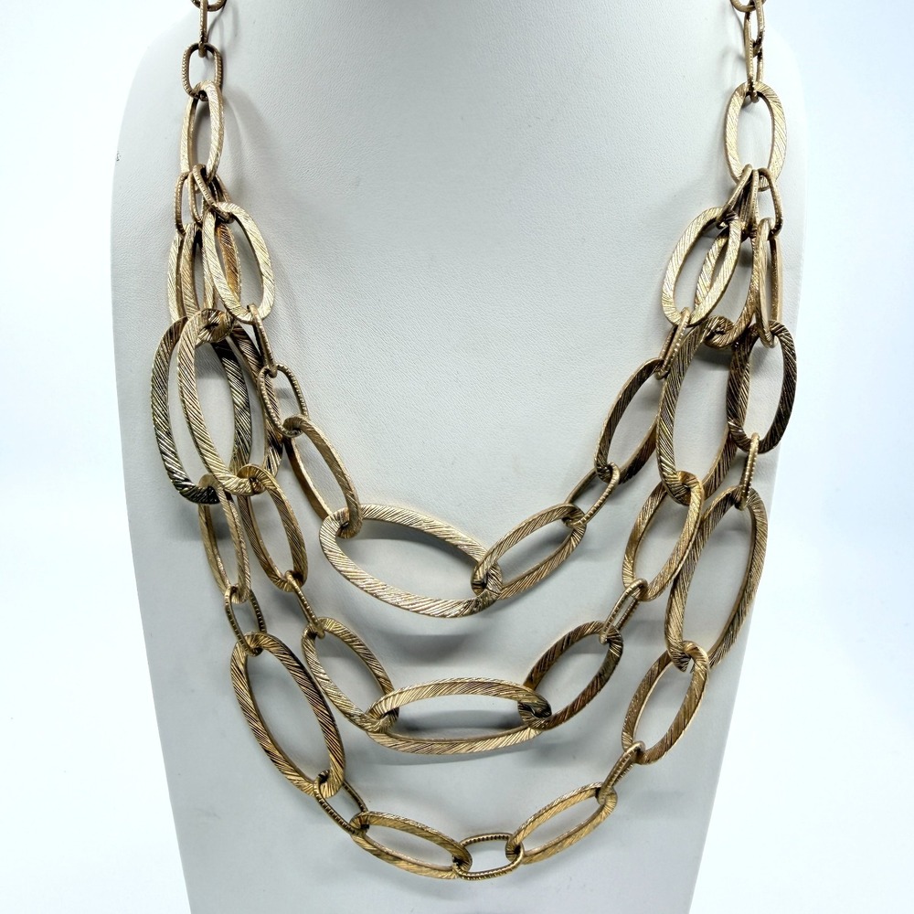 Vintage Y2K Gold Tone Textured Multi Strand Chunky Oval Link Layered Necklace